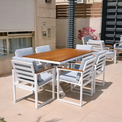 سفرة خارجية 6 كراسي مع ترابيزة – حديد ضد الصدأ وخشب مقاوم للمياه والشمس