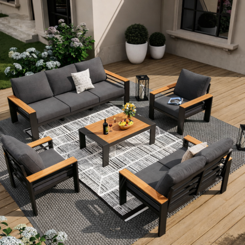 طقم جلسة خارجية 5 قطع – كنبة 3 فرد وكنبة 2 فرد وكرسيين وترابيزة من الحديد المقاوم للصدأ