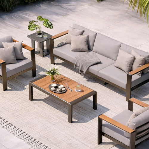 طقم جلسة خارجية 4 قطع – كنبة 3 فرد و2 كرسي وترابيزة من الحديد المقاوم للصدأ