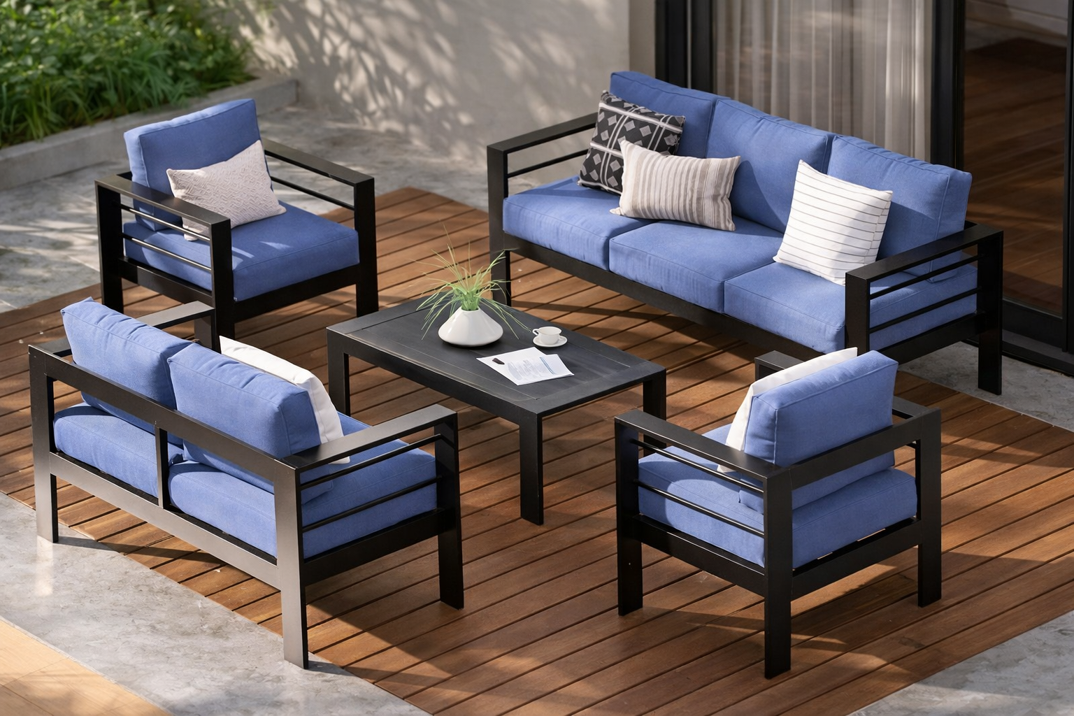 1e9d0a3a47bea284ad59dd5949b8c0ea طقم جلسة خارجية 5 قطع من الحديد المحمل – مقاوم للصدأ والمياه والشمس