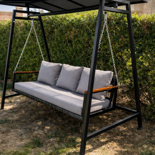 مرجيحة 3 فرد بشاسيه حديد 2 مم – خشب معالج ووسائد وتر بروف مقاومة للمياه