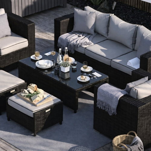 طقم جلسة خارجية 6 قطع راتان – كنبة 3 فرد وكرسيين وترابيزة وبوفين بشاسيه حديد مقاوم للصدأ