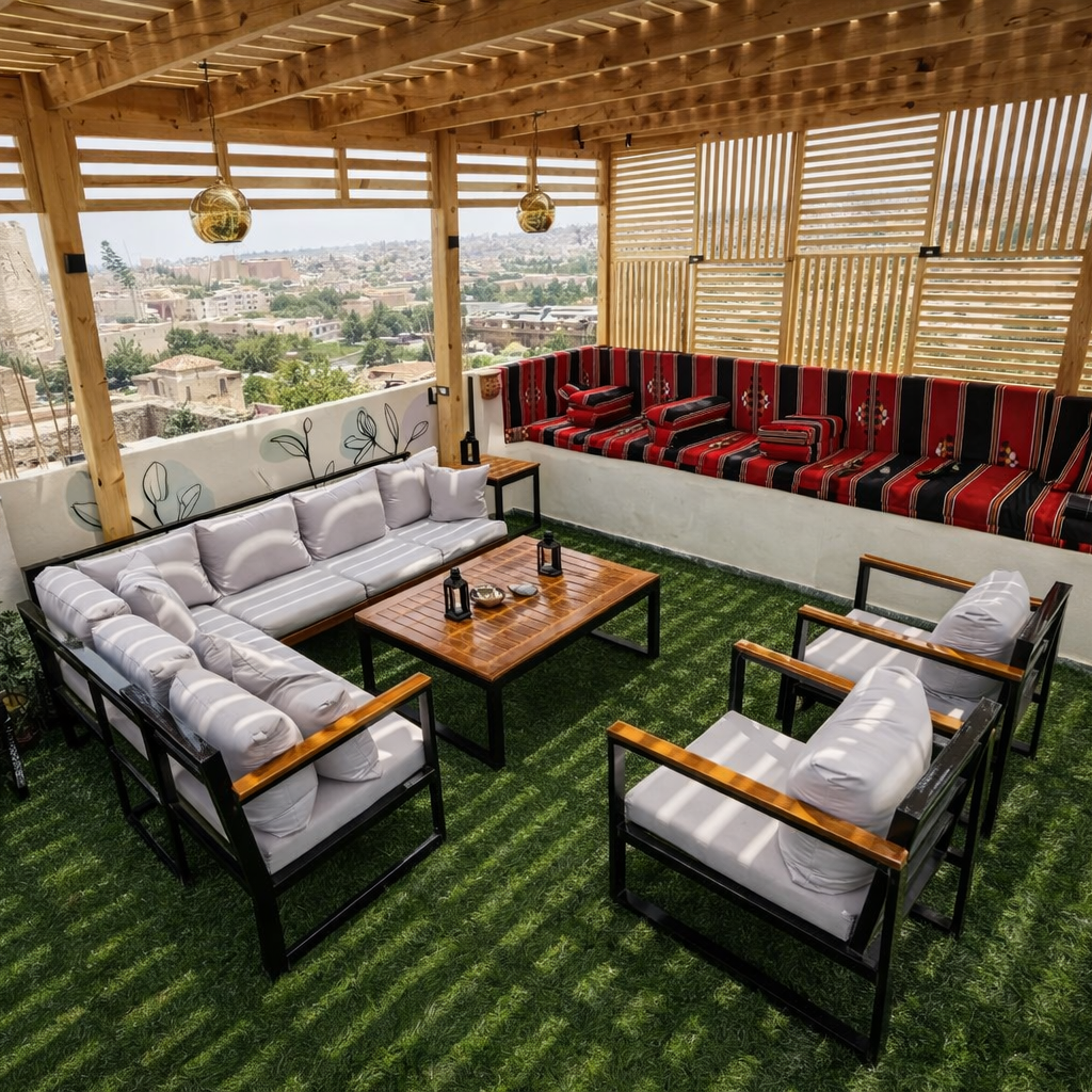 ركنة حرف l خارجية مقاس 290×190 سم مع كرسيين وترابيزة من الحديد المقاوم للصدأ – مسايا